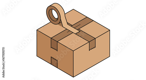 A simple vector illustration depicts a brown cardboard shipping box being sealed with adhesive packing tape on a clean white background, ready for delivery or storage.