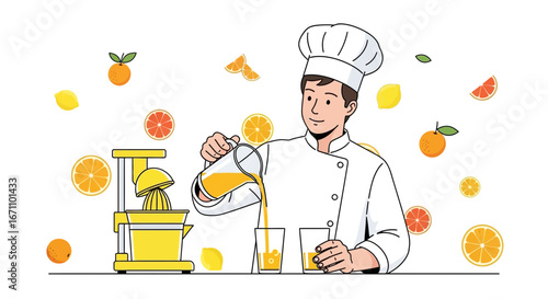 Chef Preparing Fresh Citrus Juice Pouring From a Glass Jug with Orange, Lemon, and More
