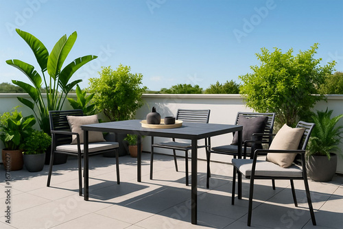 Wallpaper Mural Outdoor dining set with chairs and plants on a patio under a bright blue sky Torontodigital.ca
