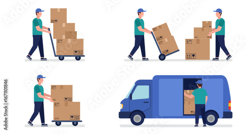 Delivery person with a hand truck and boxes, loading a van, illustrating logistics and shipping services with flat vector graphics and clear iconography.