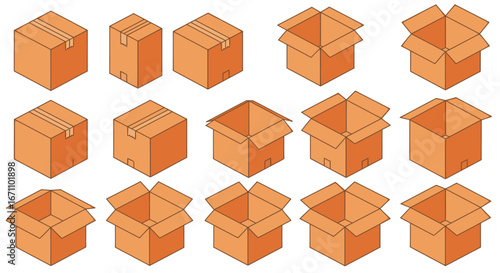 Isometric vector illustration showcases a collection of brown cardboard boxes in various states of closure, perfect for representing shipping, storage, and packaging solutions.
