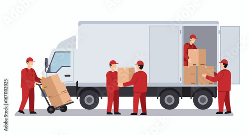 A vector illustration depicts a moving company team loading cardboard boxes into a truck, representing relocation services and the transportation of goods for delivery.