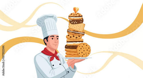 Chef Presenting A Tower Of Delightful Freshly Baked Cookies, Ready To Serve