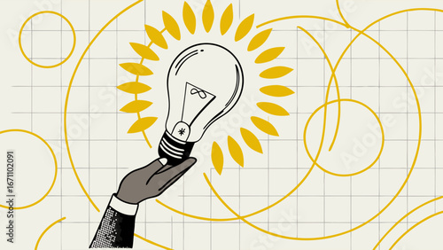 Hand holding a lightbulb idea innovation creativity inspiration business concept abstract background design element graphic illustration modern art vector art gold accents yellow accents minimalist d.