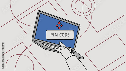 Laptop screen displaying PIN code entry hand typing password abstract background illustration.