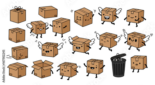 Cute anthropomorphic cardboard boxes with wings and happy faces, conveying joy and movement in a whimsical collection.
