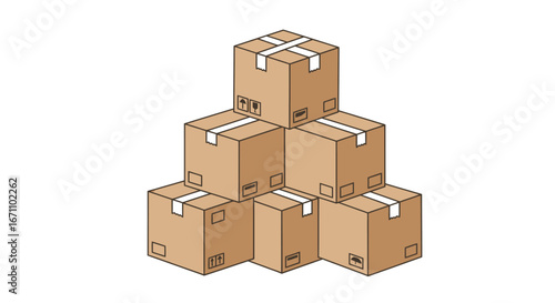 A neat pyramid stack of brown cardboard shipping boxes, sealed with tape and featuring delivery symbols, presented as a clean vector illustration.