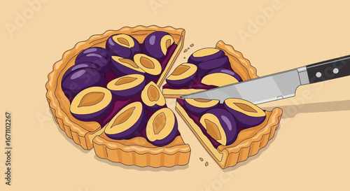 Deliciously Crafted Plum Tart Being Sliced and Shared on Light Background