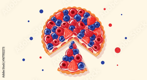 Delicious Summer Berry Tart With Slice And Colorful Decorative Polka Dots