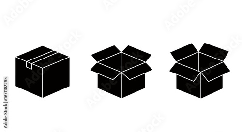 Isometric vector illustration of cardboard boxes in various states, including closed, partially open, and fully open, presented on a clean white background.