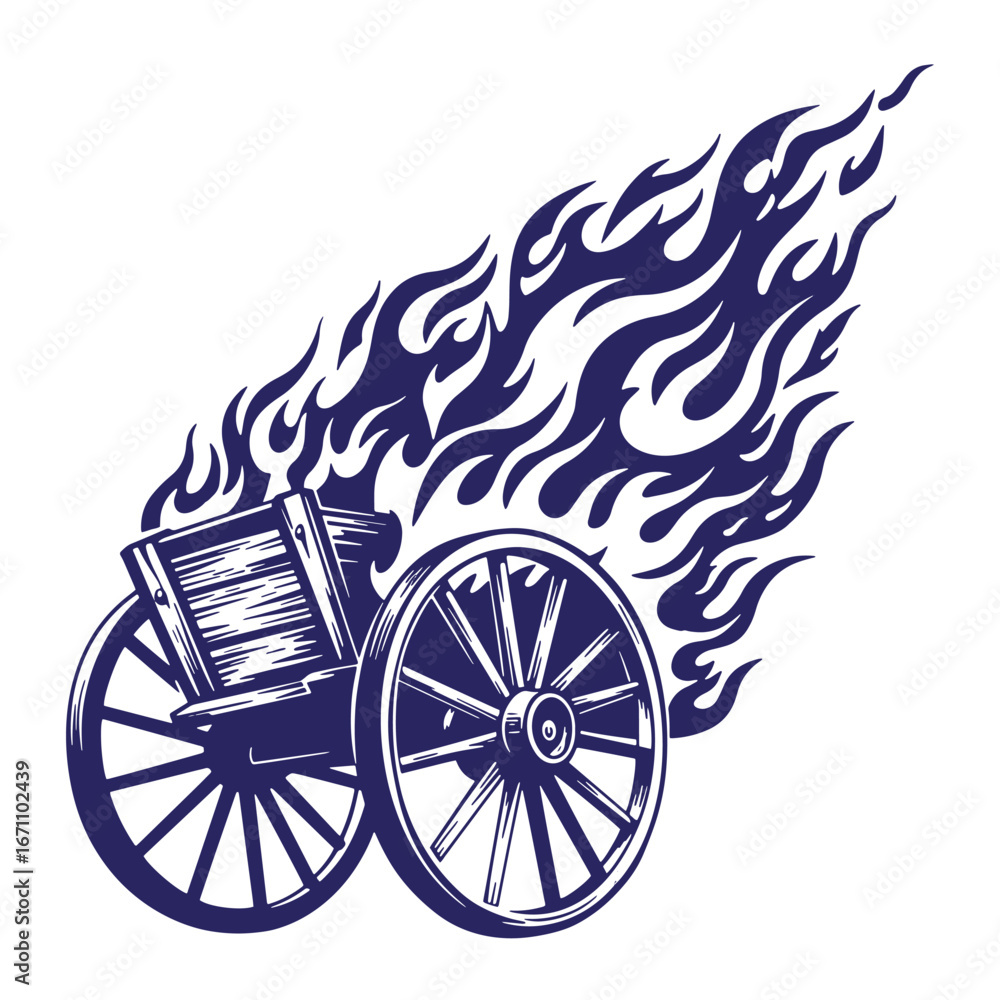 Fototapeta premium Vintage wooden cart on fire illustrated vector image burning blaze with flames and wheels