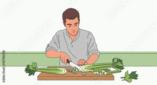Chef Skillfully Chopping Fresh Celery Stalks Vegetables on a Wooden Cutting Board