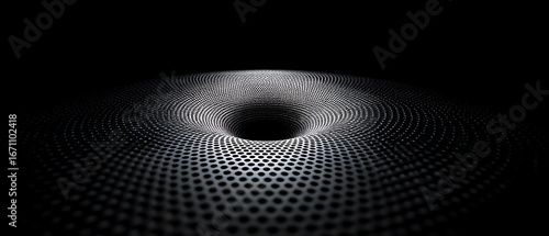 A digital visualization of a black hole or vortex with a dotted grid pattern, creating a sense of depth and curvature in a dark, abstract space