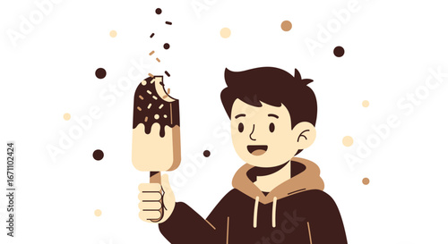 Delighted Boy Enjoying Icy Confectionery Delicious Dessert in Sunny Day Outside