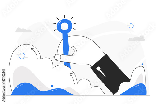 A hand, emerging from an energetic cloud, holds a key or scepter,triumphantly. Overcoming challenges and finding the solution or unlocking the secret to success in business by emphasizing strategy.