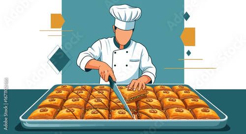 Chef Skillfully Cutting Baklava Ready For Serving At A Restaurant Or Commercial Kitchen