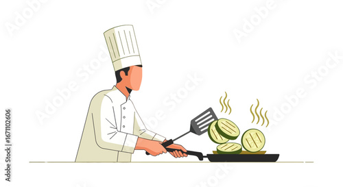 Chef Turning Vegetables In A Pan with Spatula Cooking Fresh Food Vector Concept