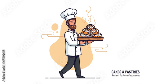 Chef With Pastries Presentation, Serving Fresh Baked Goods, Breakfast Baked Desserts Illustration