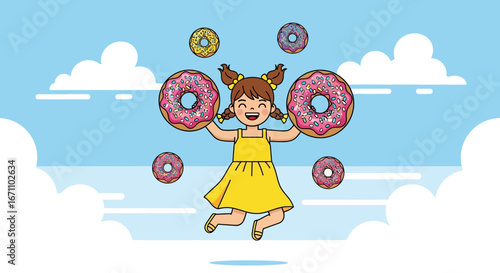 Delighted Girl Happily Jumping With Delicious Donuts Against A Blue Sky Background