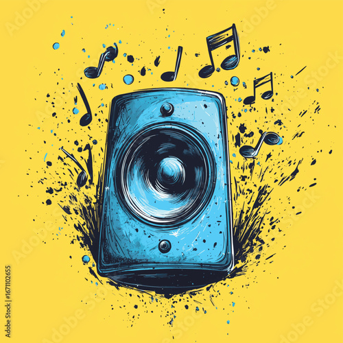 Hand drawn sketch style blue music speaker with sound waves and musical notes on bright yellow background vector illustration, vector style simple color