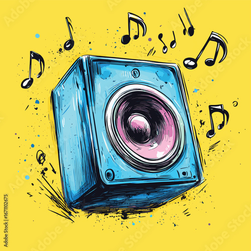 Hand drawn sketch style blue music speaker with sound waves and musical notes on bright yellow background vector illustration, vector style simple color
