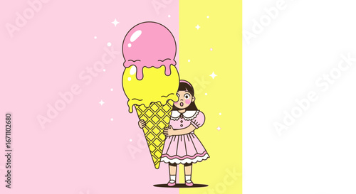 Delighted Girl Holding Enormous Ice Cream Cone Amidst A Colorful Backdrop