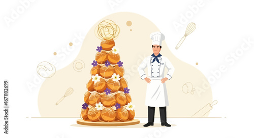 Chef's Culinary Creation: A Croquembouche Tower and His Baking Delightful Dessert