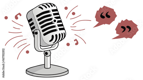 Retro Microphone Illustration with Speech Bubbles for Podcast Radio and Voiceover Designs.