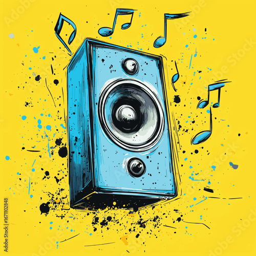 Hand drawn sketch style blue music speaker with sound waves and musical notes on bright yellow background vector illustration, vector style simple color