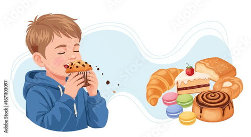 Child Enjoying Delicious Pastries And Feeling Pure Delight In A Colorful Composition