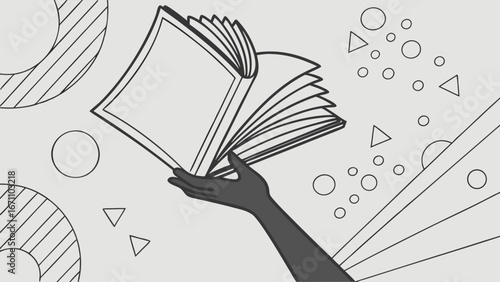 Hand holding open book abstract geometric background reading literature education concept.
