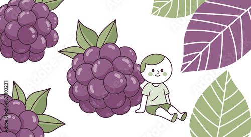 Delightful Cartoon Featuring A Young Child And Lush Grapes Against Decorative Leaves