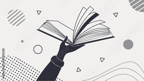 Hand holding open book abstract background reading knowledge education literature.