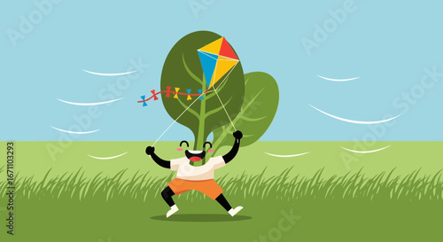 Child Flying Kite Under The Sun, Full of Joy and Happiness on the Green Meadow