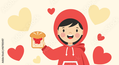 Child Holding Toast With Jam And Hearts Design For A Romantic Breakfast
