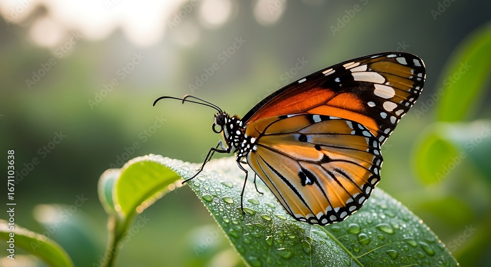 Fototapeta premium Beautiful Butterfly on Green Leaf with Dew Drops.