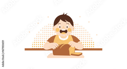 Child Preparing And Holding Bread, Freshly Baked, For A Meal Or Food Content