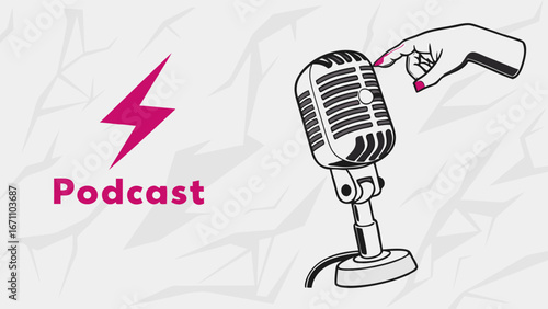 Podcast Illustration Retro Microphone with Hand and Lightning Bolt Graphic Design.