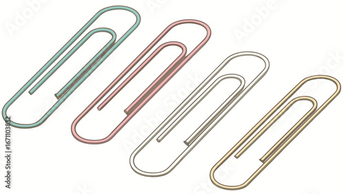 Four Colorful Paperclips on White Background Office Supplies Stationery School Supplies Clip Art Illustration.