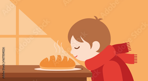 Child Smelling Freshly Baked Bread, Warmth, Comfort, and Cozy Scene with Autumnal Hues