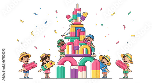Children Constructing Colorful Popsicle Tower, Celebrating Joy and Summer Fun Together