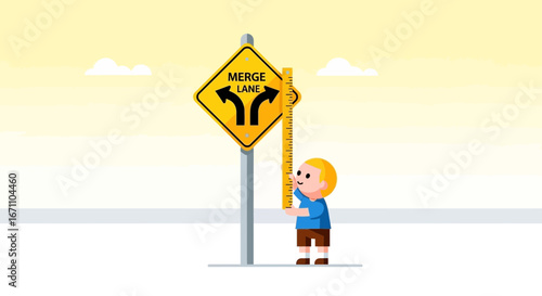 Determining Merge Lane Size With Measurement Instrument Against Yellow Road Sign