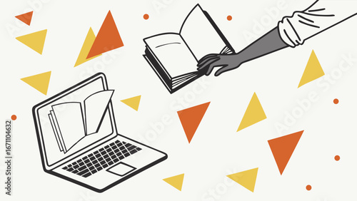 Digital Book and Laptop Online Education Concept Abstract Illustration.