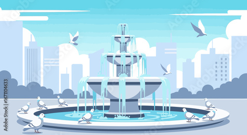 Cityscape Featuring Fountain With Flowing Water And Soaring Birds In Daylight Scene