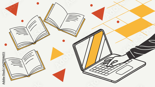 Online Education E-learning Concept Laptop with Books Digital Learning Study Reading Knowledge Technology Illustration.