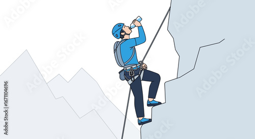 Climber Hydrating While Ascending a Cliff Face with Safety Gear During Mountain Climbing Adventure