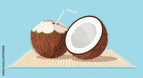 Coconut Beach Refreshment on a Mat with Straws and Half of the Fruit Open