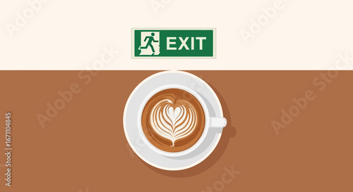 Coffee Art And Exit Sign Symbolic Of A Break From The Daily Grind's Demands
