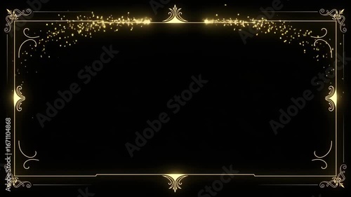 Elegant golden frame with glowing particles on dark background, luxury border design concept for festive decoration, creativity, and artistic stylish presentation visuals