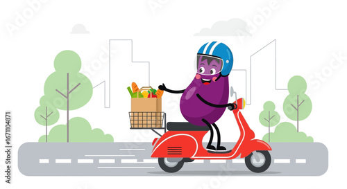 Eggplant Character Delivers Groceries On Scooter Through City Roadside, Offering Freshness